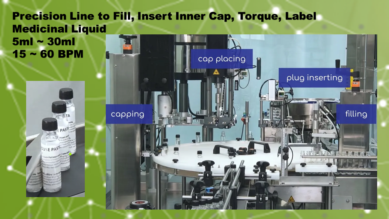 Filling, plug inserting, capping, labeling