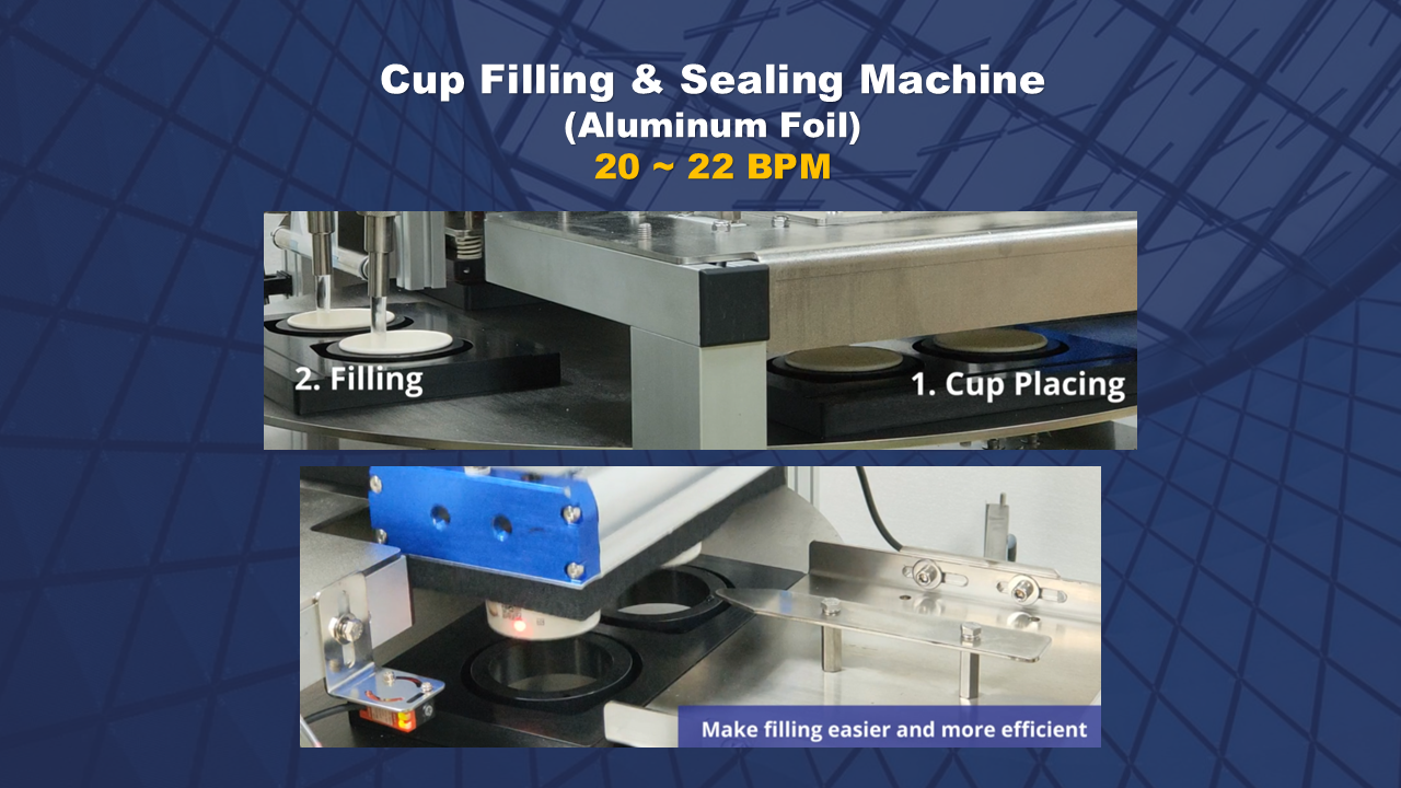 Feed cups, fill, seal